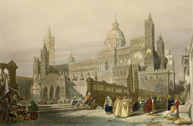 A szicíliai Palermo székesegyháza, metszet: John Le Keux (1783-1846), 1840 körül.